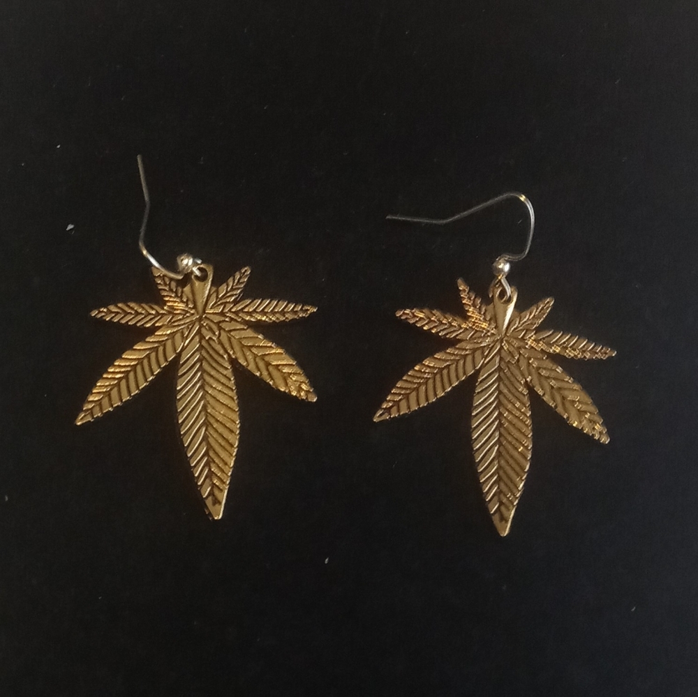 Gold Plated Pot Leaf Earrings - Picture 2 of 2